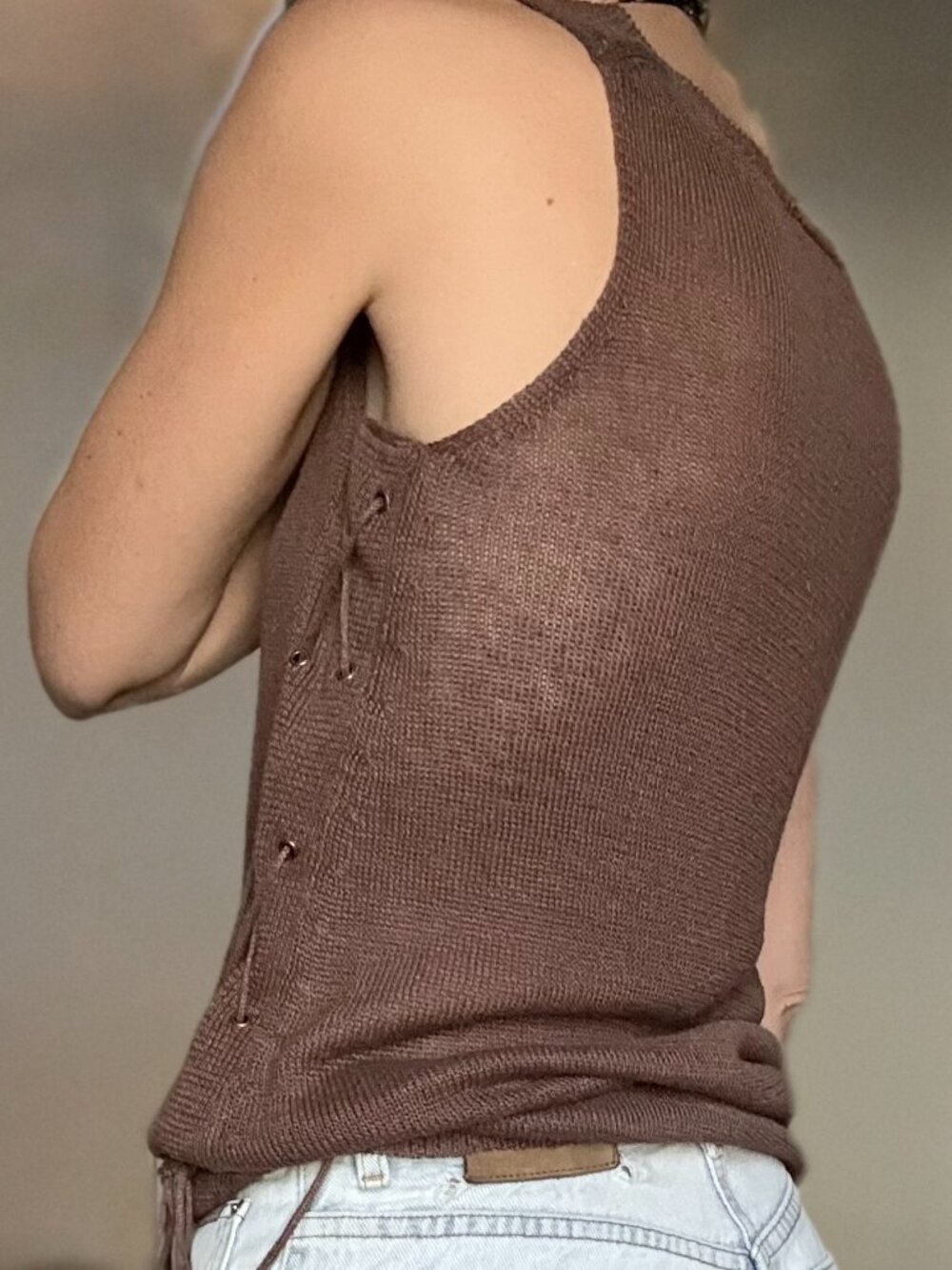 Semi Sheer Knit Linen Lace Up Sleeveless Top Small NWT Etcetera